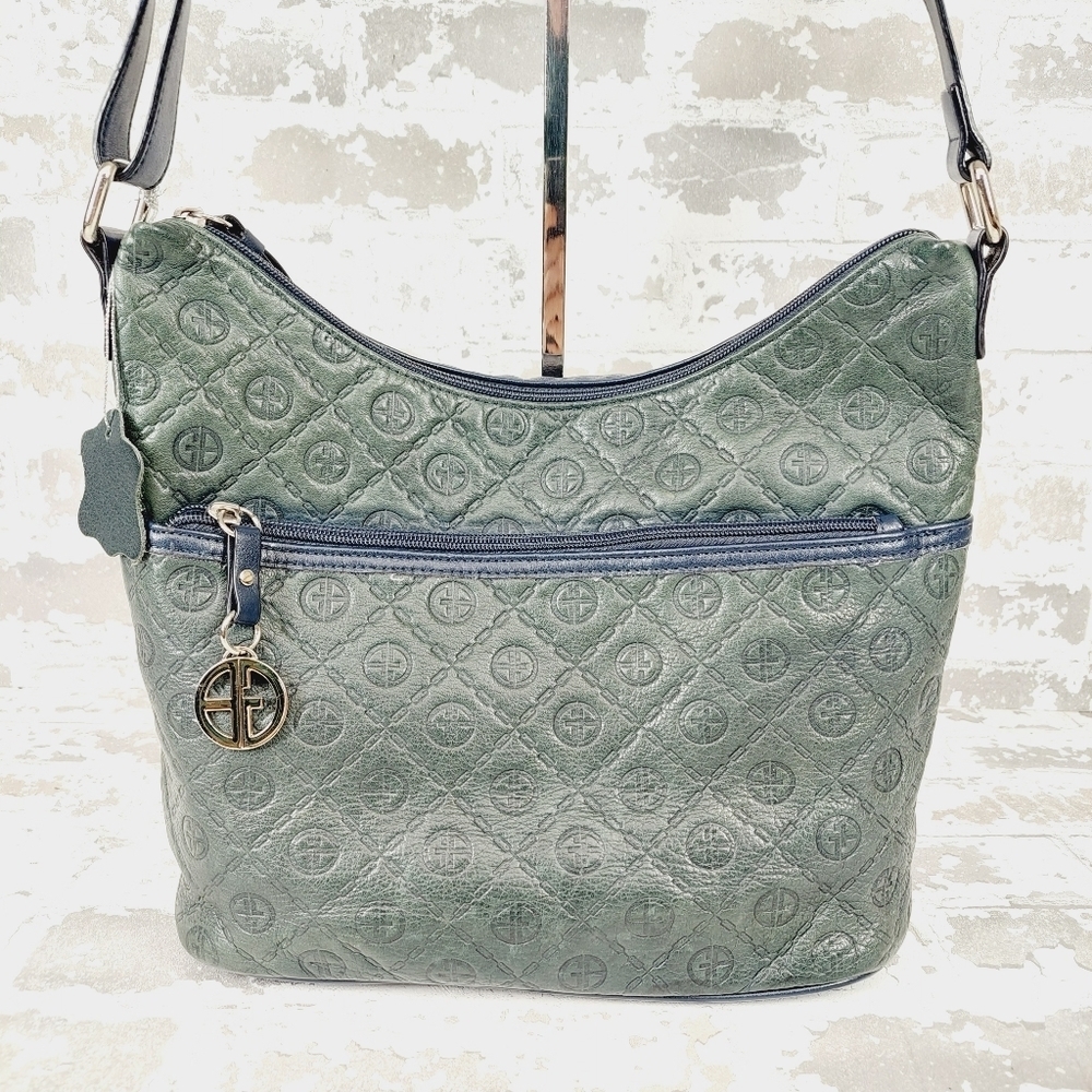 Giani Bernini Green Purse Blue 2Tone Classic Pattern Genuine Leather 0987 - Picture 2 of 14